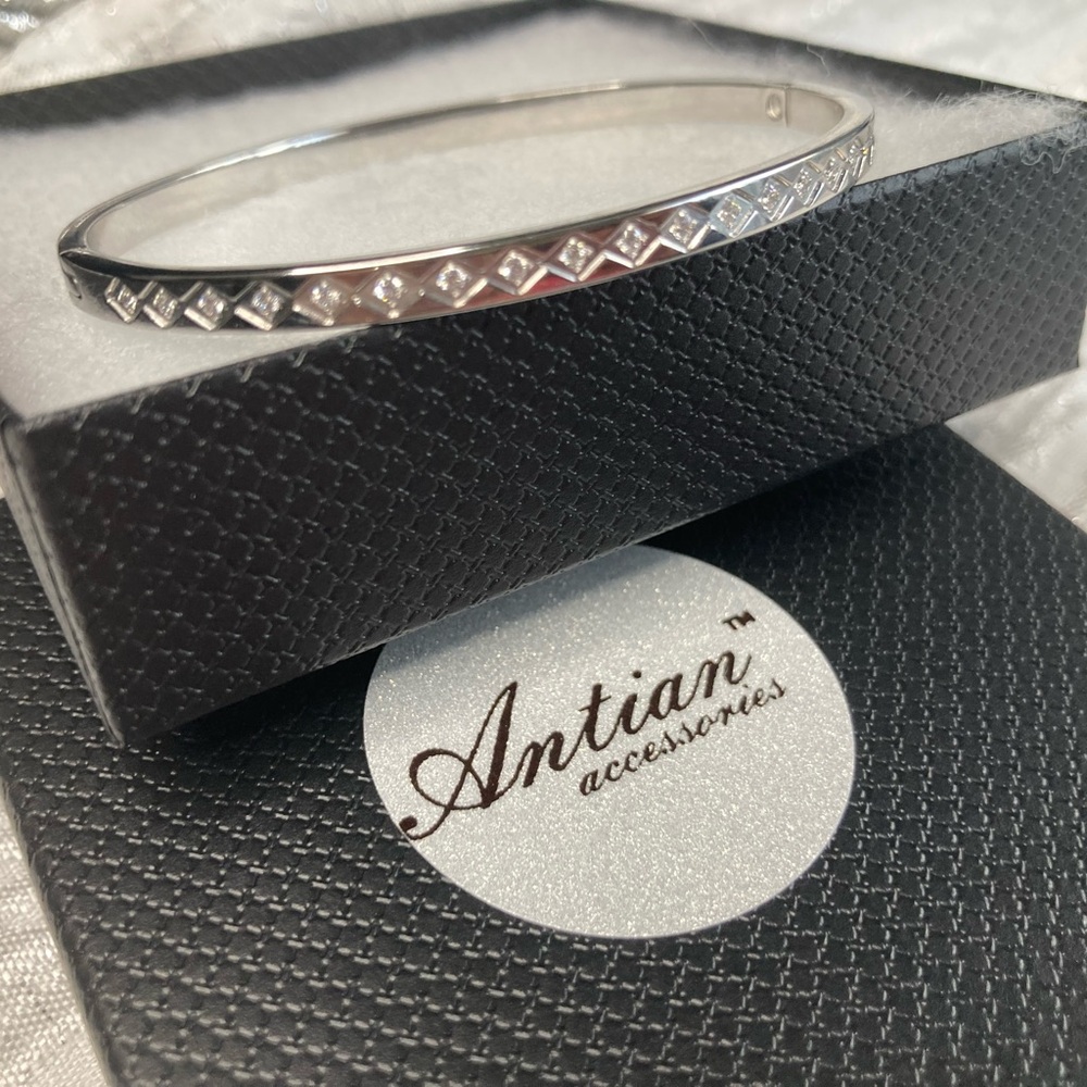 Antian Accessories™ Stainless Steel Silver Plated Zirconia Bangle Bracelet - Picture 3 of 7